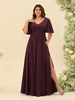 A-Line V-Neck Half Sleeves Plus Size Chiffon Bridesmaid Dresses With Split Side — view 9