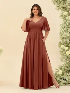 A-Line V-Neck Half Sleeves Plus Size Chiffon Bridesmaid Dresses With Split Side — view 10
