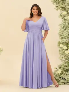 A-Line V-Neck Half Sleeves Plus Size Chiffon Bridesmaid Dresses With Split Side — view 11