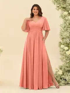 A-Line V-Neck Half Sleeves Plus Size Chiffon Bridesmaid Dresses With Split Side — view 12