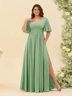 A-Line V-Neck Half Sleeves Plus Size Chiffon Bridesmaid Dresses With Split Side — view 13