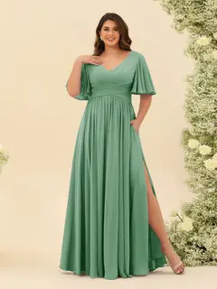 A-Line V-Neck Half Sleeves Plus Size Chiffon Bridesmaid Dresses With Split Side — view 14
