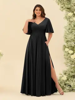 A-Line V-Neck Half Sleeves Plus Size Chiffon Bridesmaid Dresses With Split Side — view 15