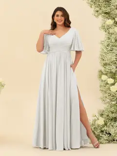 A-Line V-Neck Half Sleeves Plus Size Chiffon Bridesmaid Dresses With Split Side — view 18