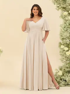 A-Line V-Neck Half Sleeves Plus Size Chiffon Bridesmaid Dresses With Split Side — view 20