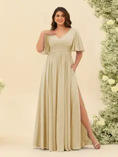 A-Line V-Neck Half Sleeves Plus Size Chiffon Bridesmaid Dresses With Split Side — view 21