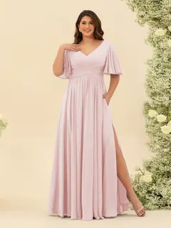 A-Line V-Neck Half Sleeves Plus Size Chiffon Bridesmaid Dresses With Split Side — view 23