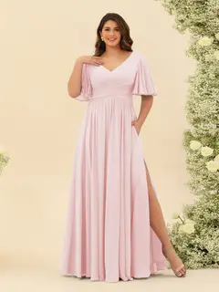 A-Line V-Neck Half Sleeves Plus Size Chiffon Bridesmaid Dresses With Split Side — view 24