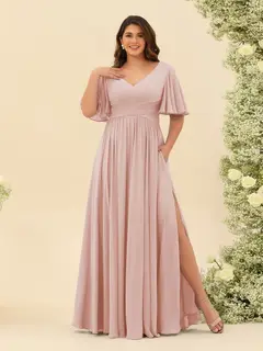 A-Line V-Neck Half Sleeves Plus Size Chiffon Bridesmaid Dresses With Split Side — view 25