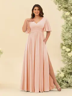 A-Line V-Neck Half Sleeves Plus Size Chiffon Bridesmaid Dresses With Split Side — view 26