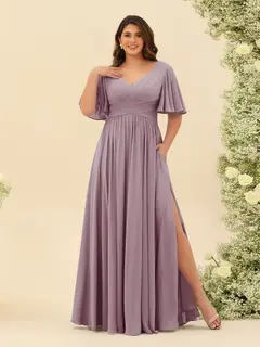 A-Line V-Neck Half Sleeves Plus Size Chiffon Bridesmaid Dresses With Split Side — view 28