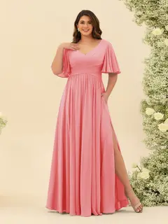 A-Line V-Neck Half Sleeves Plus Size Chiffon Bridesmaid Dresses With Split Side — view 29