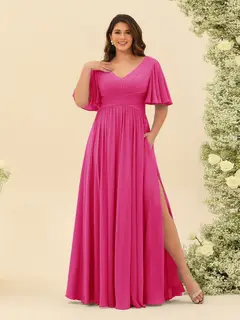 A-Line V-Neck Half Sleeves Plus Size Chiffon Bridesmaid Dresses With Split Side — view 30