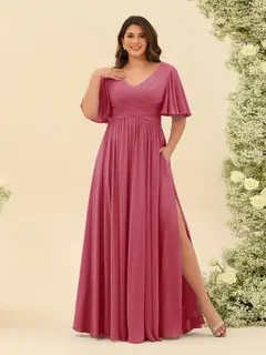 A-Line V-Neck Half Sleeves Plus Size Chiffon Bridesmaid Dresses With Split Side — view 31
