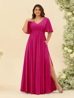A-Line V-Neck Half Sleeves Plus Size Chiffon Bridesmaid Dresses With Split Side — view 32