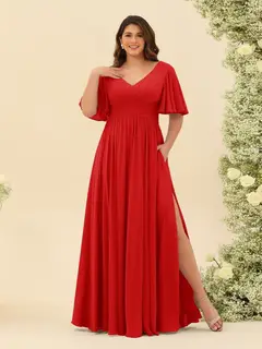 A-Line V-Neck Half Sleeves Plus Size Chiffon Bridesmaid Dresses With Split Side — view 33
