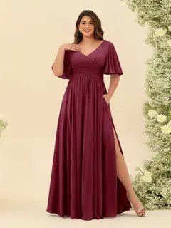A-Line V-Neck Half Sleeves Plus Size Chiffon Bridesmaid Dresses With Split Side — view 35