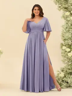 A-Line V-Neck Half Sleeves Plus Size Chiffon Bridesmaid Dresses With Split Side — view 36