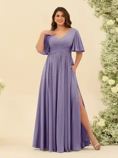 A-Line V-Neck Half Sleeves Plus Size Chiffon Bridesmaid Dresses With Split Side — view 37