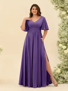 A-Line V-Neck Half Sleeves Plus Size Chiffon Bridesmaid Dresses With Split Side — view 39
