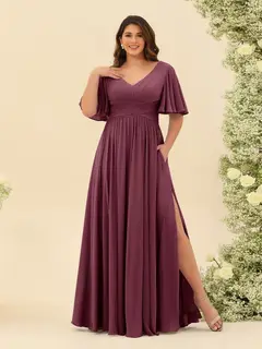 A-Line V-Neck Half Sleeves Plus Size Chiffon Bridesmaid Dresses With Split Side — view 40