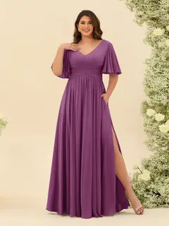 A-Line V-Neck Half Sleeves Plus Size Chiffon Bridesmaid Dresses With Split Side — view 41