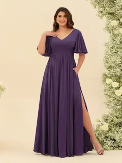 A-Line V-Neck Half Sleeves Plus Size Chiffon Bridesmaid Dresses With Split Side — view 42
