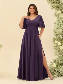 A-Line V-Neck Half Sleeves Plus Size Chiffon Bridesmaid Dresses With Split Side — view 43