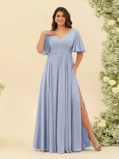 A-Line V-Neck Half Sleeves Plus Size Chiffon Bridesmaid Dresses With Split Side — view 45