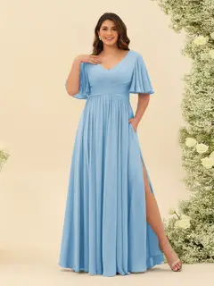 A-Line V-Neck Half Sleeves Plus Size Chiffon Bridesmaid Dresses With Split Side — view 47
