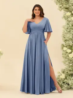 A-Line V-Neck Half Sleeves Plus Size Chiffon Bridesmaid Dresses With Split Side — view 48