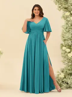A-Line V-Neck Half Sleeves Plus Size Chiffon Bridesmaid Dresses With Split Side — view 49