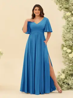 A-Line V-Neck Half Sleeves Plus Size Chiffon Bridesmaid Dresses With Split Side — view 50