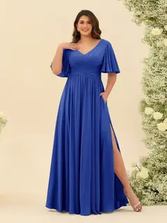 A-Line V-Neck Half Sleeves Plus Size Chiffon Bridesmaid Dresses With Split Side — view 51