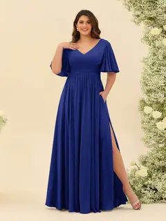 A-Line V-Neck Half Sleeves Plus Size Chiffon Bridesmaid Dresses With Split Side — view 53