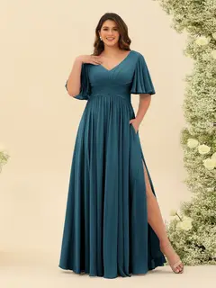 A-Line V-Neck Half Sleeves Plus Size Chiffon Bridesmaid Dresses With Split Side — view 55