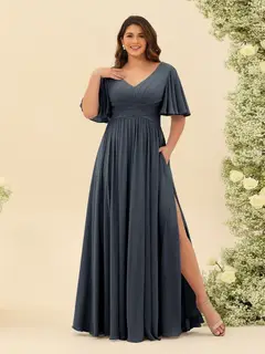 A-Line V-Neck Half Sleeves Plus Size Chiffon Bridesmaid Dresses With Split Side — view 56