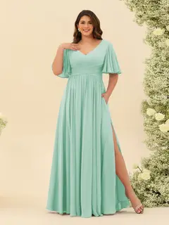 A-Line V-Neck Half Sleeves Plus Size Chiffon Bridesmaid Dresses With Split Side — view 58