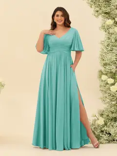 A-Line V-Neck Half Sleeves Plus Size Chiffon Bridesmaid Dresses With Split Side — view 59