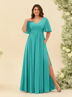 A-Line V-Neck Half Sleeves Plus Size Chiffon Bridesmaid Dresses With Split Side — view 60