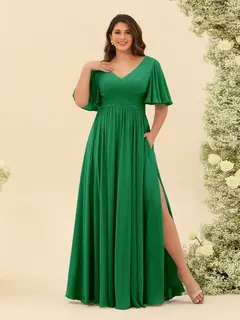 A-Line V-Neck Half Sleeves Plus Size Chiffon Bridesmaid Dresses With Split Side — view 61