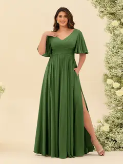 A-Line V-Neck Half Sleeves Plus Size Chiffon Bridesmaid Dresses With Split Side — view 62