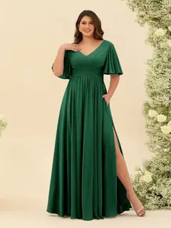 A-Line V-Neck Half Sleeves Plus Size Chiffon Bridesmaid Dresses With Split Side — view 64