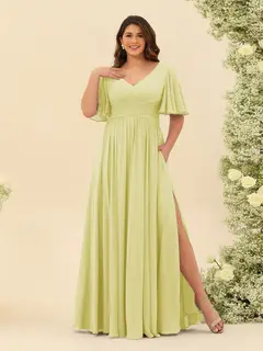 A-Line V-Neck Half Sleeves Plus Size Chiffon Bridesmaid Dresses With Split Side — view 66