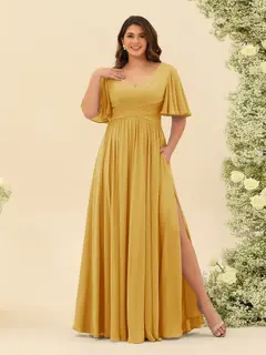 A-Line V-Neck Half Sleeves Plus Size Chiffon Bridesmaid Dresses With Split Side — view 67