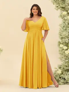 A-Line V-Neck Half Sleeves Plus Size Chiffon Bridesmaid Dresses With Split Side — view 68