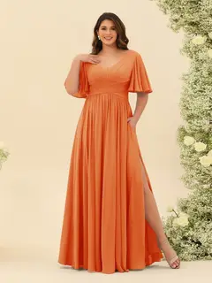 A-Line V-Neck Half Sleeves Plus Size Chiffon Bridesmaid Dresses With Split Side — view 69