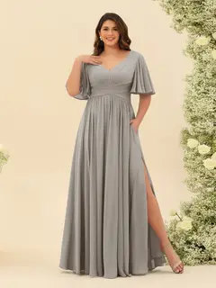 A-Line V-Neck Half Sleeves Plus Size Chiffon Bridesmaid Dresses With Split Side — view 70