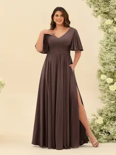 A-Line V-Neck Half Sleeves Plus Size Chiffon Bridesmaid Dresses With Split Side — view 73