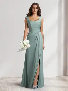 Sheath/Column Square Neck Long Ruched Bridesmaid Dresses with Split Side — view 1